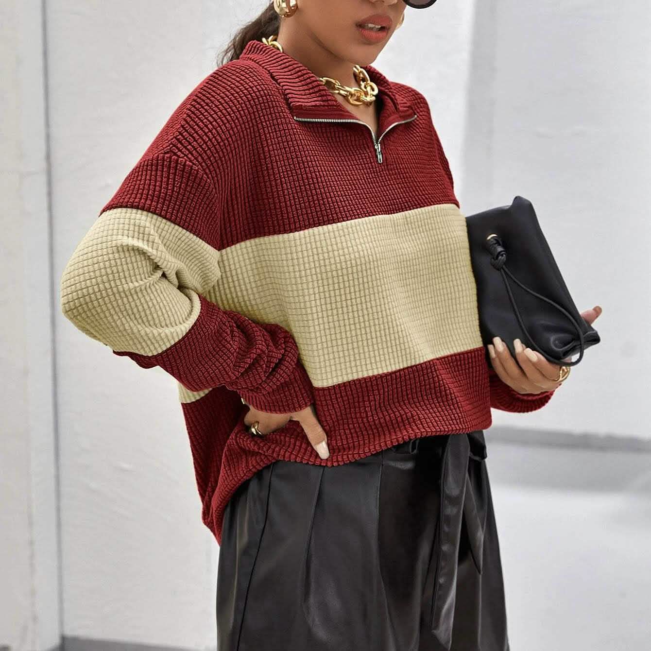 Drop Shoulder Two Tone Textured Half Placket Pullover DailySale