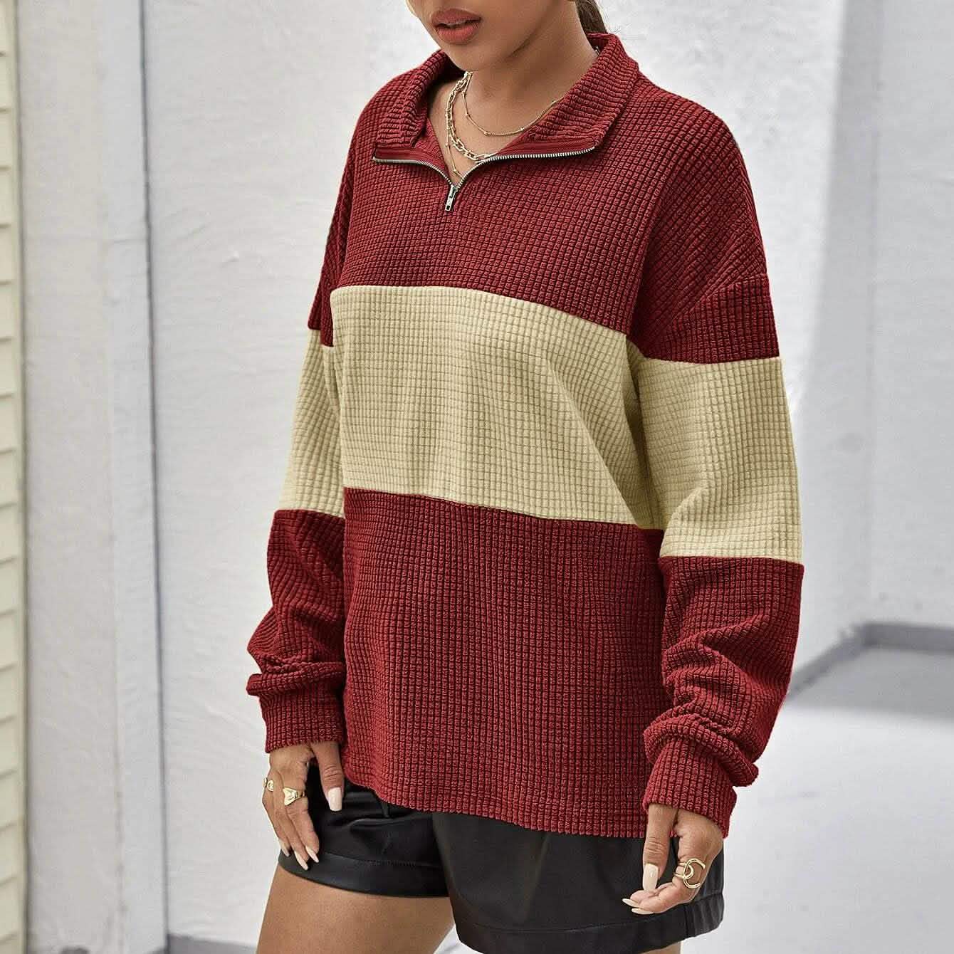 Drop Shoulder Two Tone Textured Half Placket Pullover DailySale