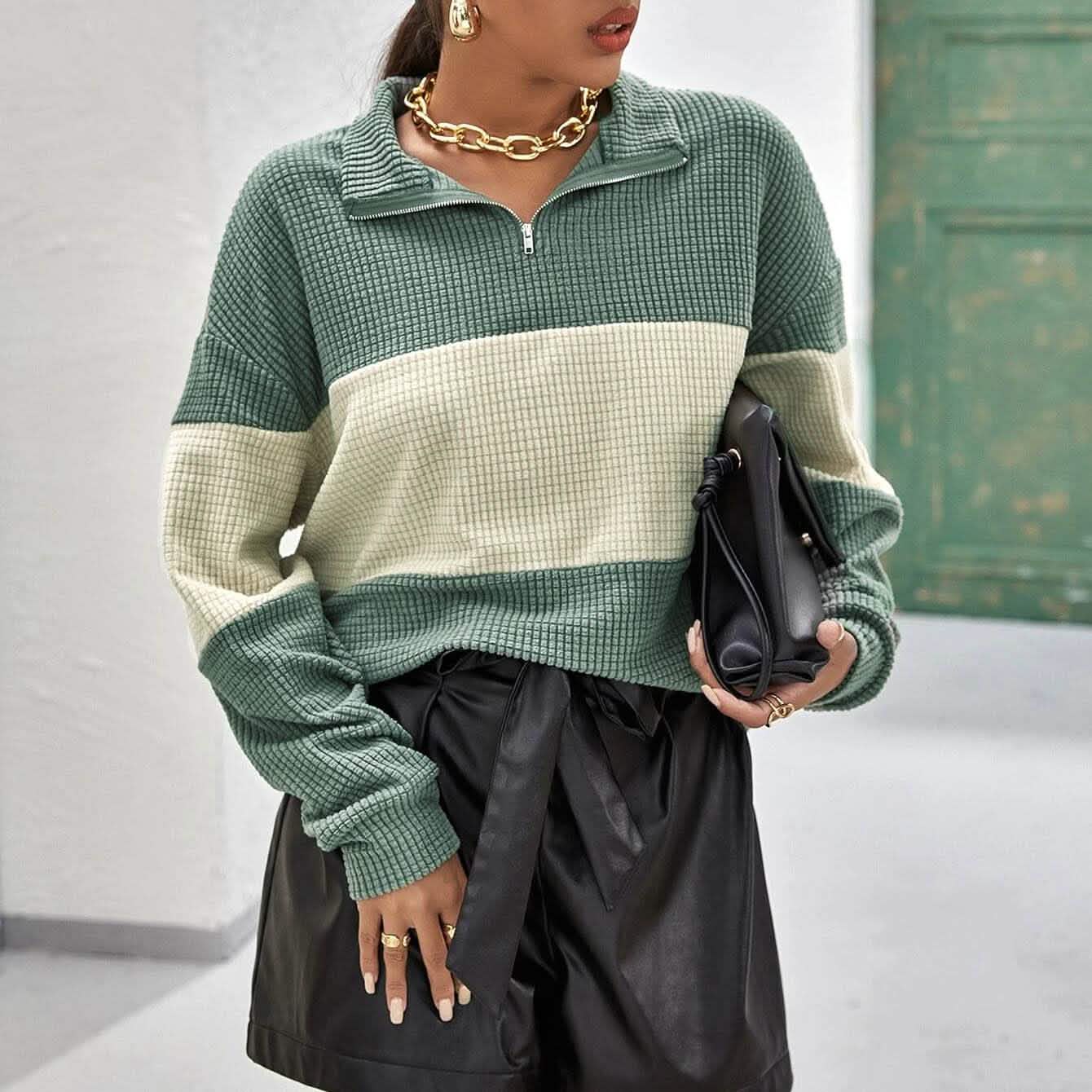 Drop Shoulder Two Tone Textured Half Placket Pullover DailySale