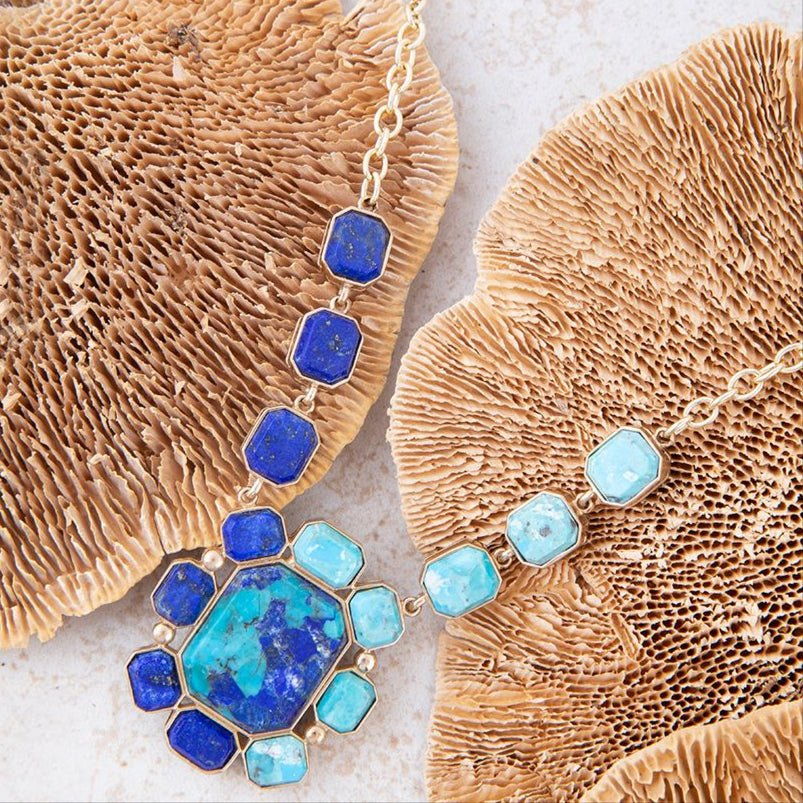 Duality Blue Lapis and Turquoise Golden Pendant Necklace Barse Jewelry