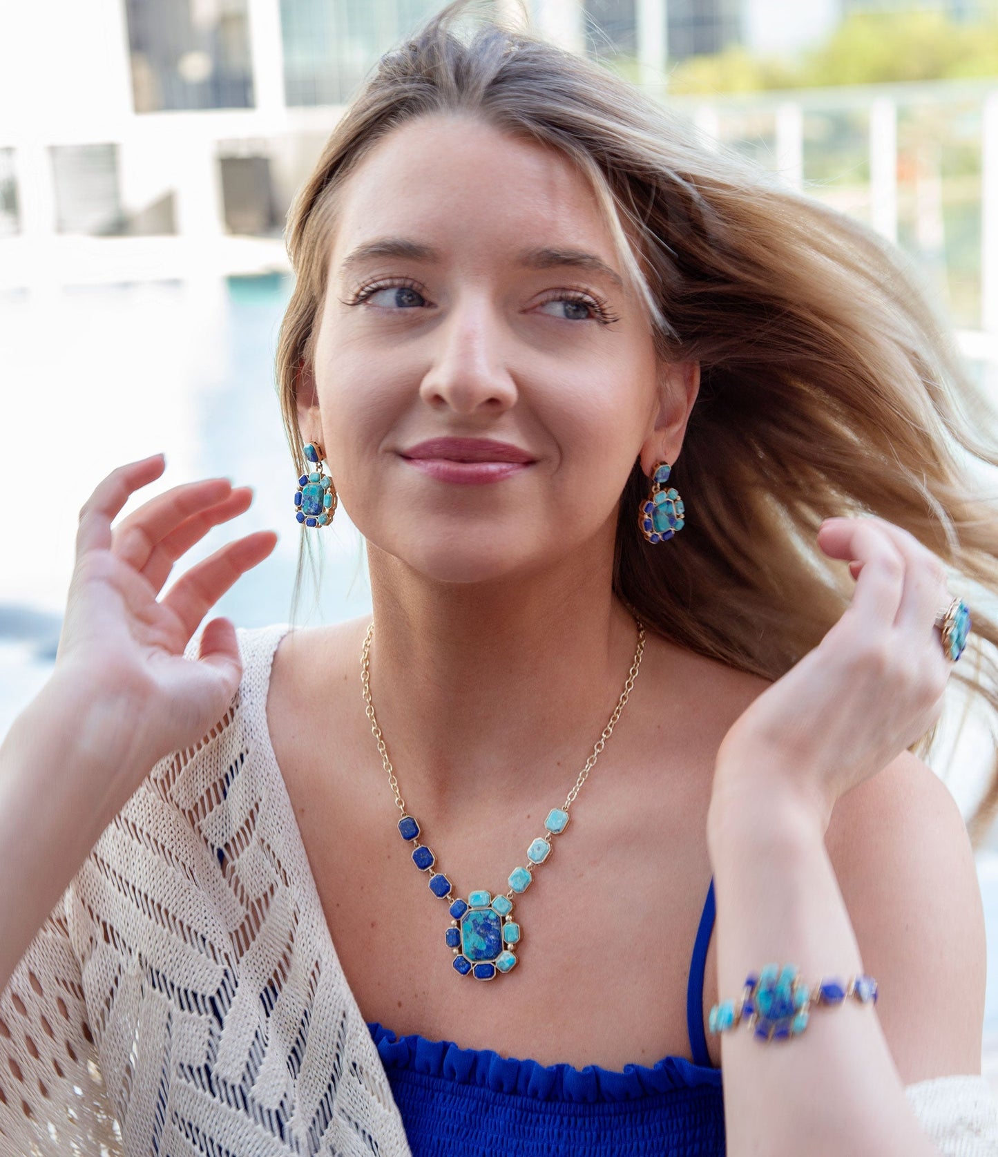 Duality Blue Lapis and Turquoise Golden Pendant Necklace Barse Jewelry