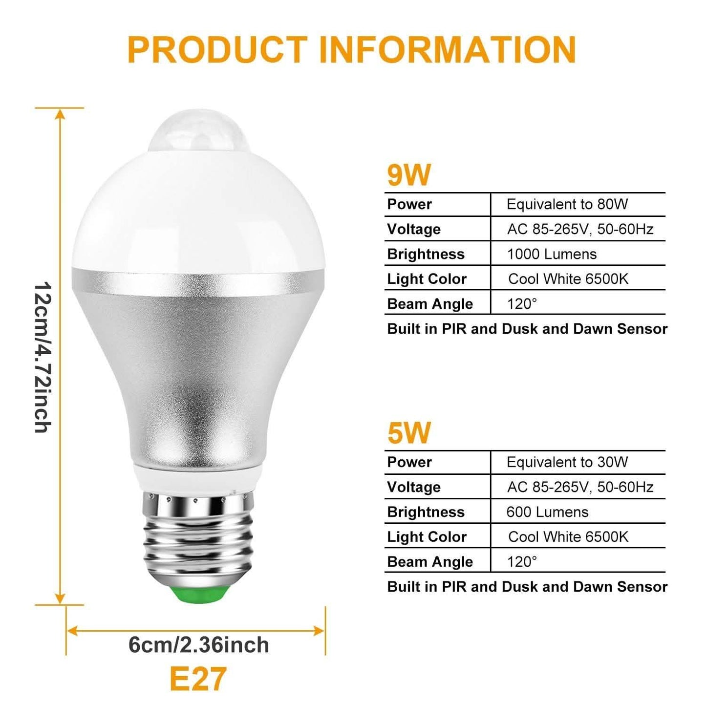 E27 Motion Sensor Light Bulb 1000LM 6500K Dust to Dawn Automatic DailySale