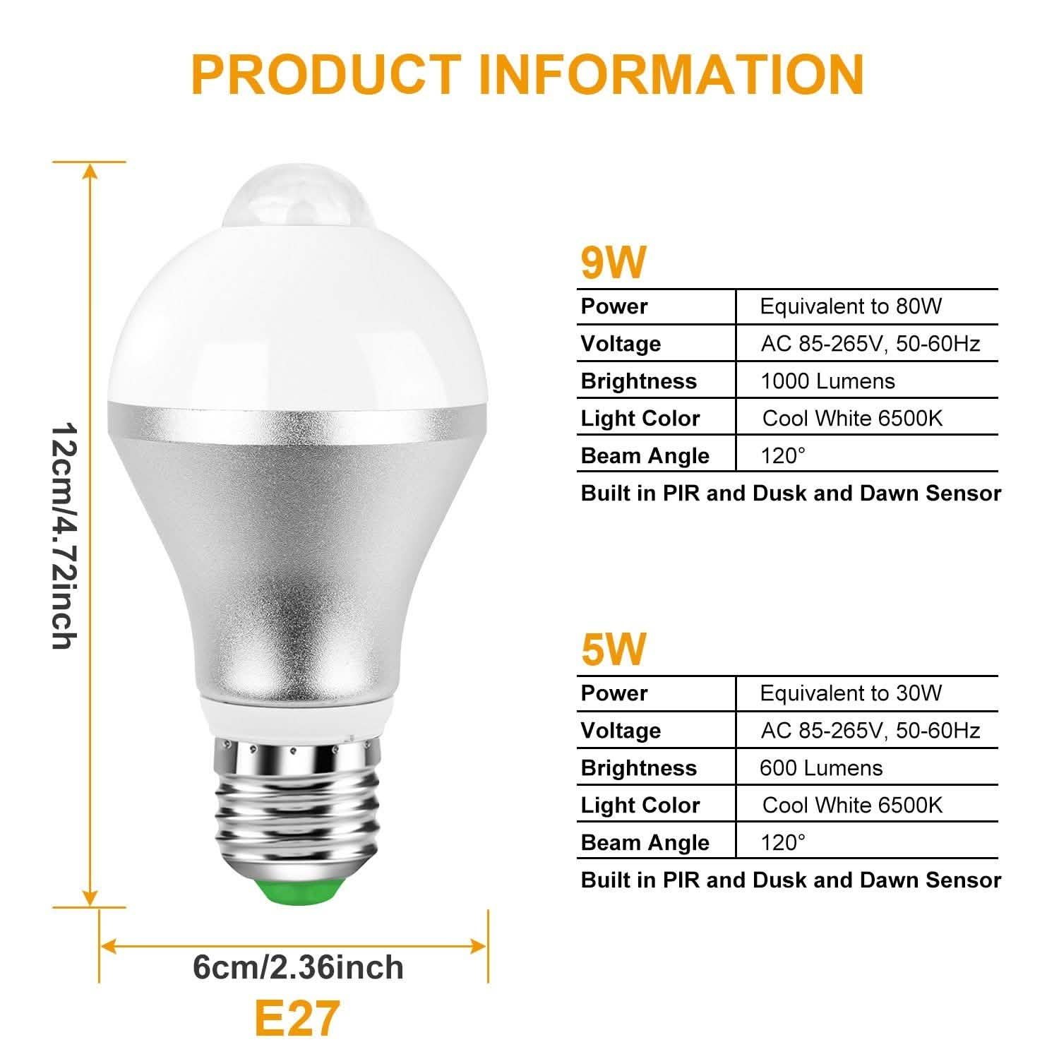 E27 Motion Sensor Light Bulb 1000LM 6500K Dust to Dawn Automatic DailySale