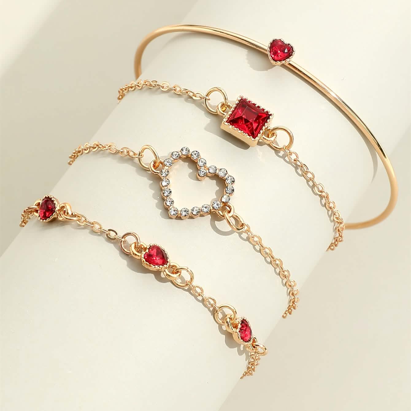4pcs Rhinestone Alloy Bracelet Set – Minimalist Heart & Square Design DailySale