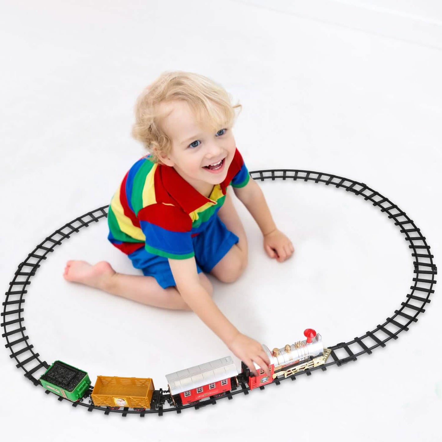 Electric Train Set Steam Locomotive Passenger Coach Coal with Sounds Light Railway DailySale