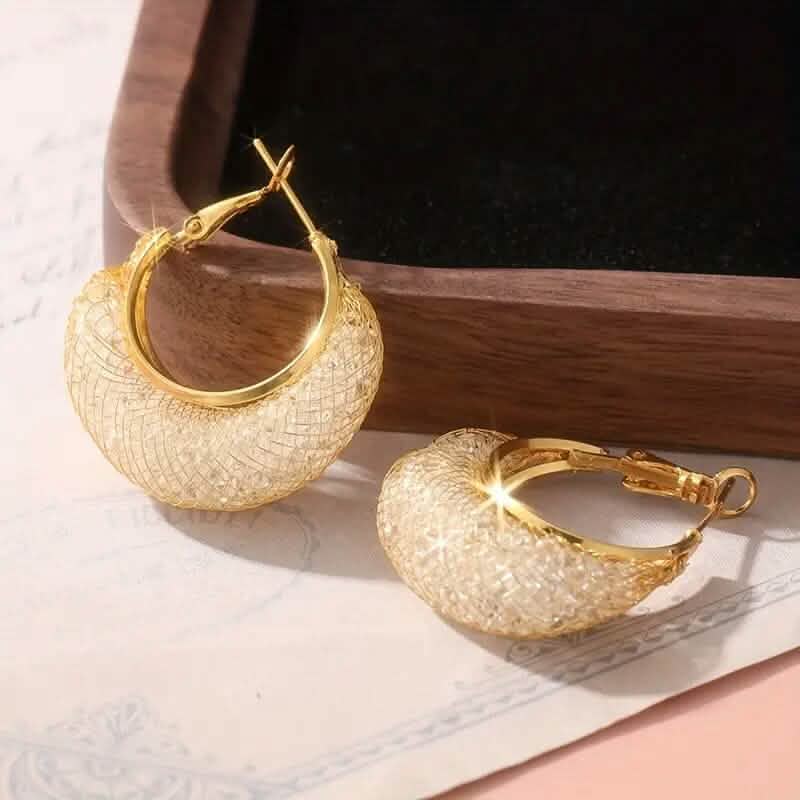 Elegant Crescent Mesh Hoop Earrings with Sparkling Cubic Zirconia DailySale