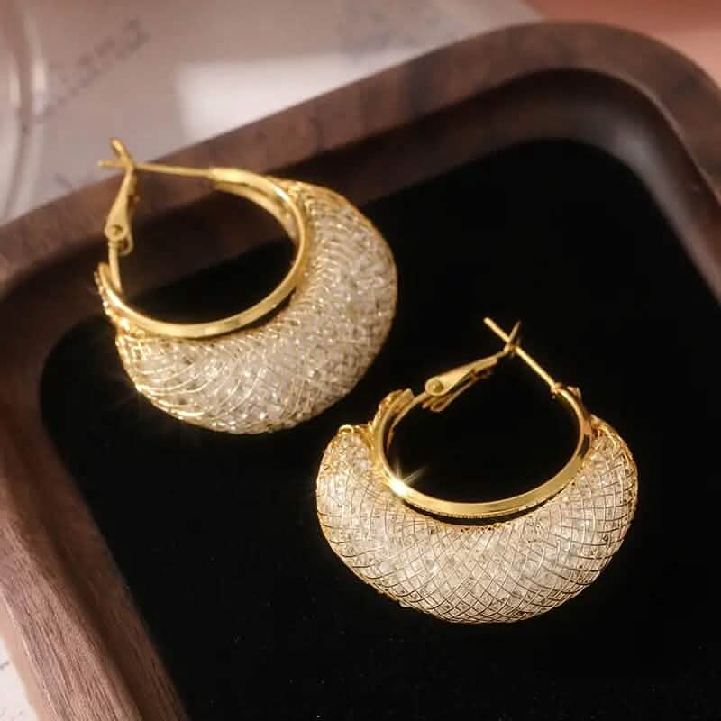 Elegant Crescent Mesh Hoop Earrings with Sparkling Cubic Zirconia DailySale