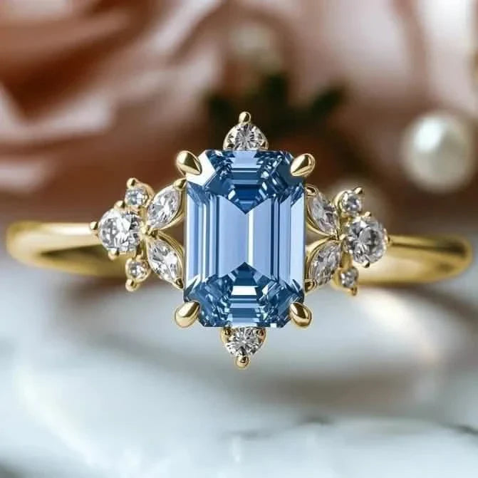 Elegant Gold-Plated Copper Engagement Ring with Square Blue Cubic Zirconia DailySale