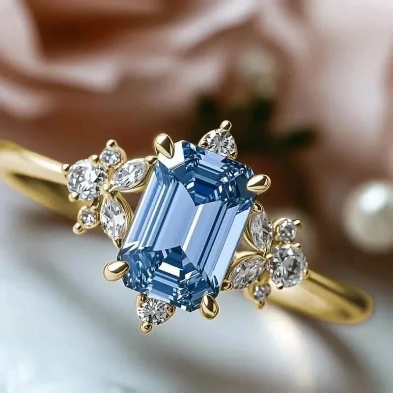 Elegant Gold-Plated Copper Engagement Ring with Square Blue Cubic Zirconia DailySale
