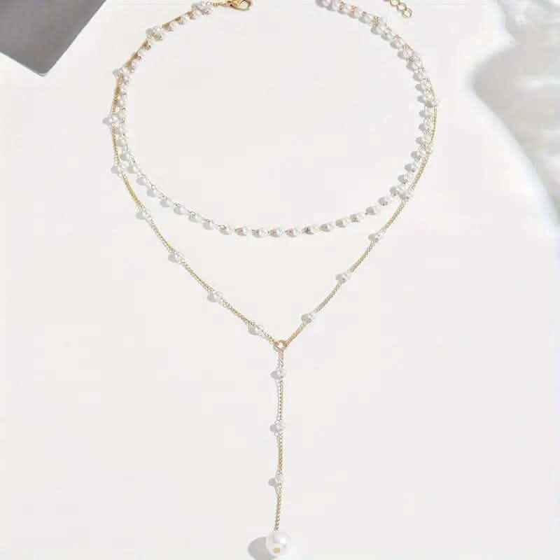 Elegant Vintage Style Double-Layer Pendant Necklace with Imitation Pearl Accents and Tassel Drop DailySale