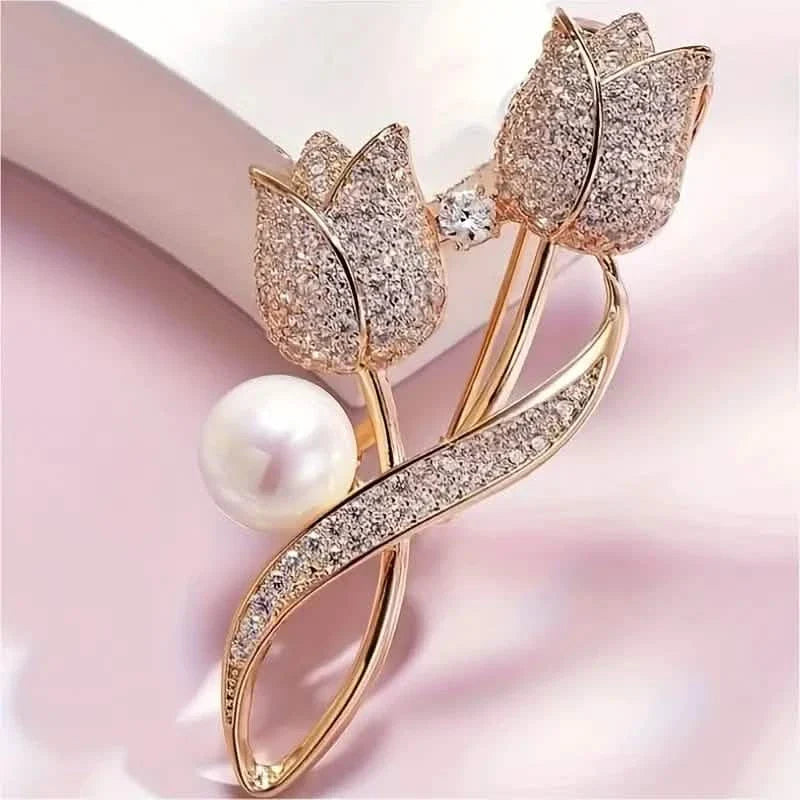 Exquisite Tulip-Shaped Faux Pearl Brooch Adorned with Artificial Diamond DailySale