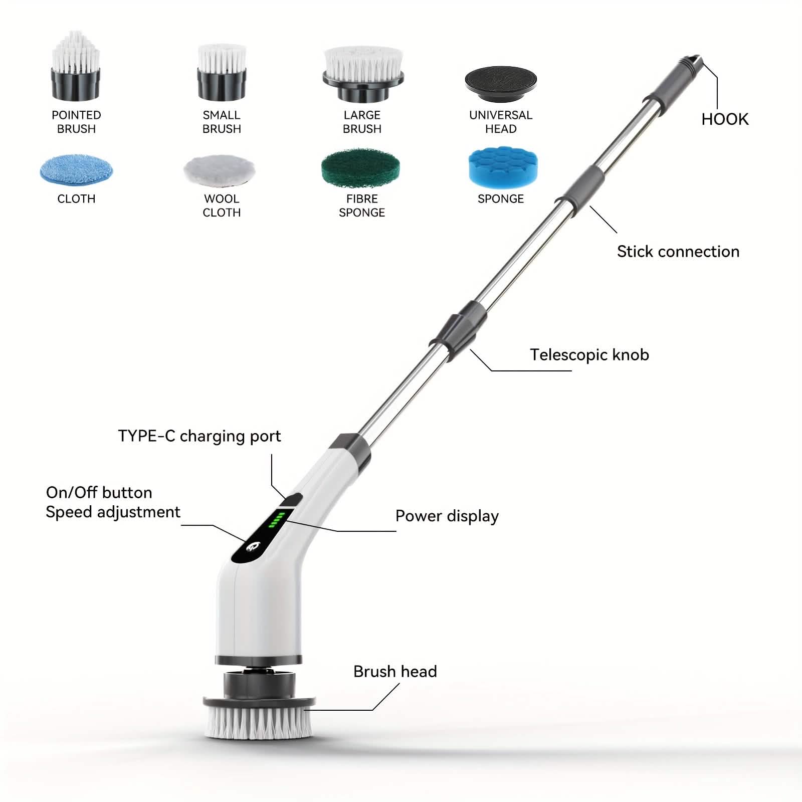 Electric Rotary Scrubber with Replaceable 8 Brush Heads and Adjustable Extension Handle DailySale