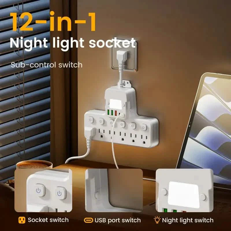 12-in-1 Adjustable Desk Lamp Power Strip – 6 AC Outlets, 3 USB-A & 2 Type-C Ports, Surge Protection DailySale