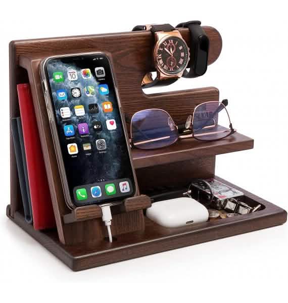 TESLYAR Wood Phone Docking Station Ash Key Holder Wallet Stand DailySale
