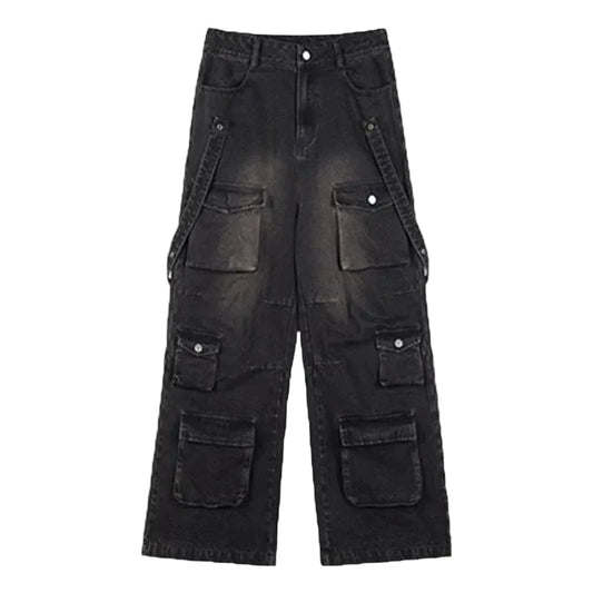 Baggy Washed Denim Cargo Pants - Multi-Pocket Streetwear | LuxuryUrbanwear