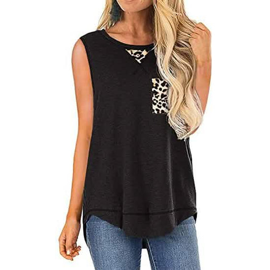 Women's Summer Tank Tops Leopard Pocket Sleeveless Blouse DailySale