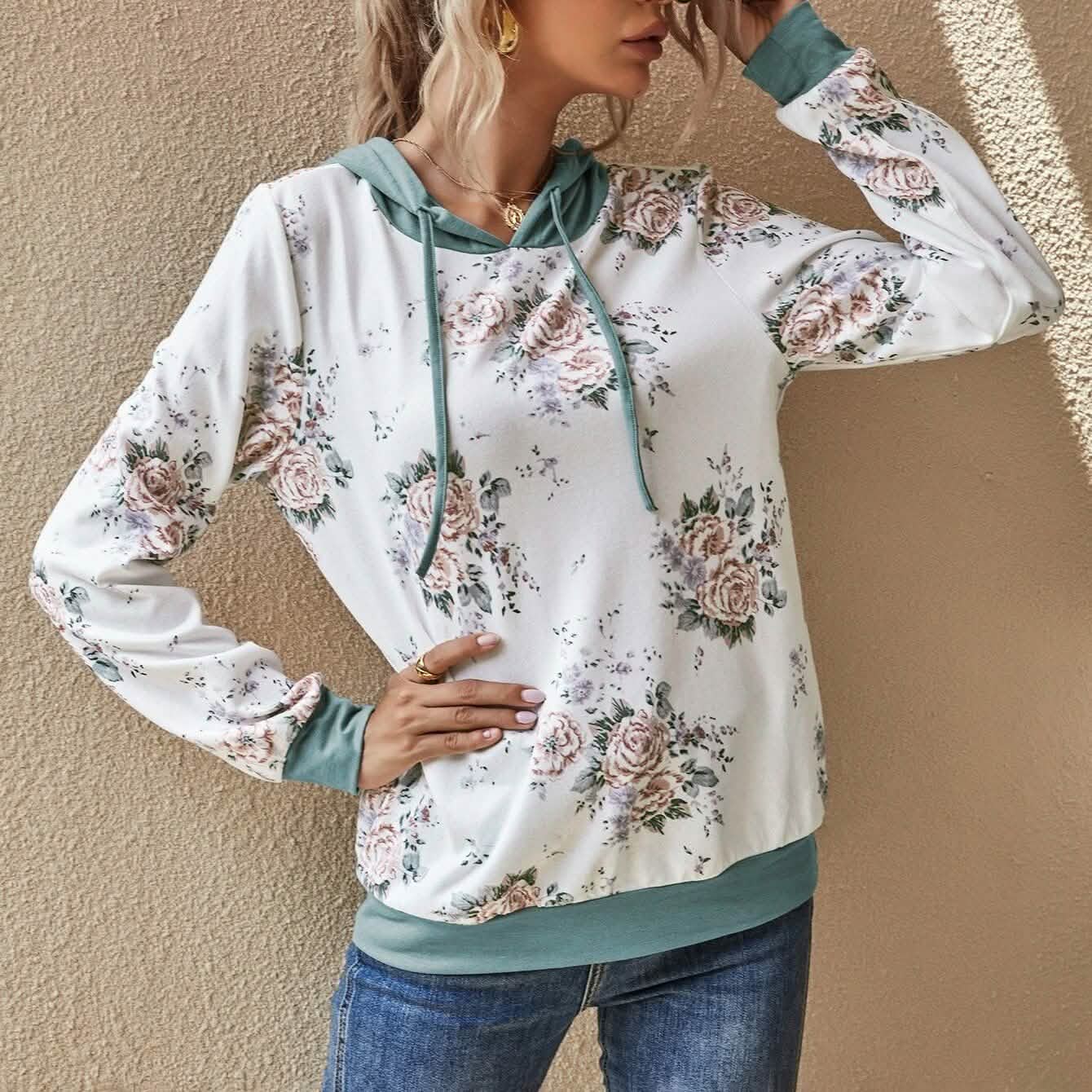 Floral Print Drawstring Hoodie DailySale