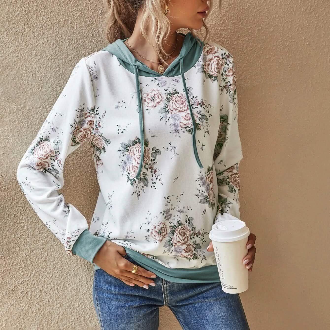 Floral Print Drawstring Hoodie DailySale
