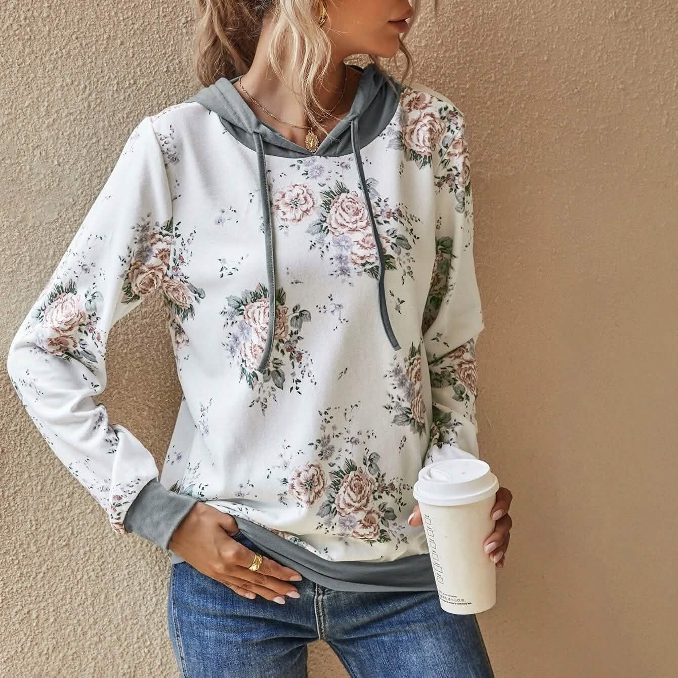 Floral Print Drawstring Hoodie DailySale