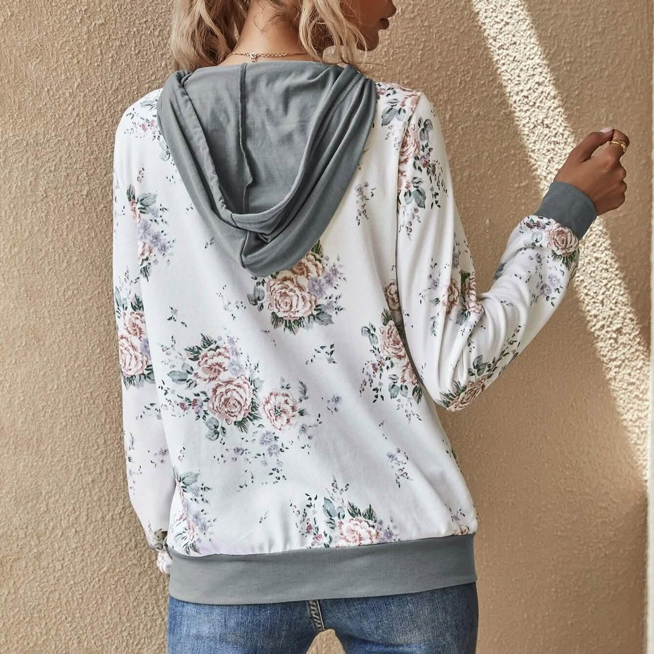 Floral Print Drawstring Hoodie DailySale