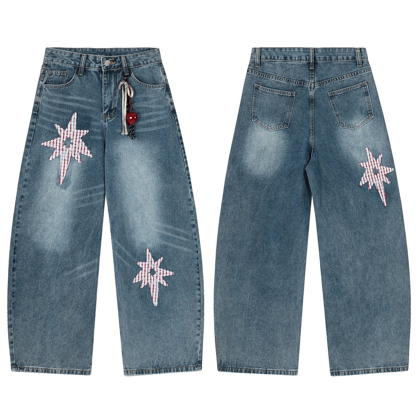 Gingham Star Patchwork Straight Denim - Designer Distressed Star Motif Jeans | LuxuryUrbanwear - Luxuryurbanwear