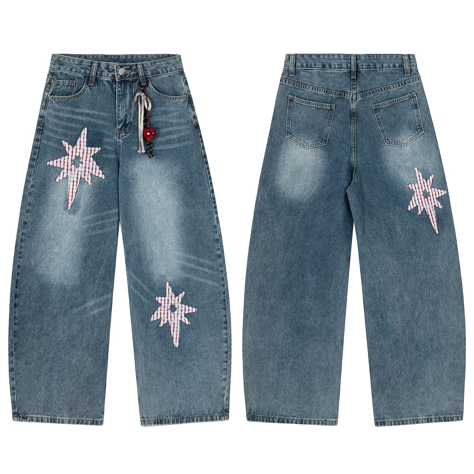 Gingham Star Patchwork Straight Denim - Designer Distressed Star Motif Jeans | LuxuryUrbanwear - Luxuryurbanwear