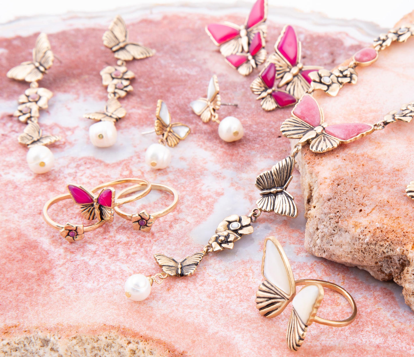 Pink Fuchsia Agate Golden Butterflies Triple Ring Set Barse Jewelry
