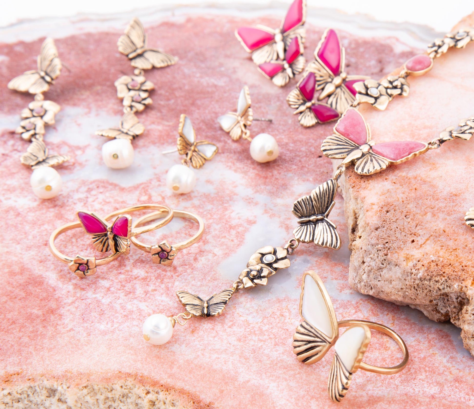 Pink Fuchsia Agate Golden Butterflies Triple Ring Set Barse Jewelry