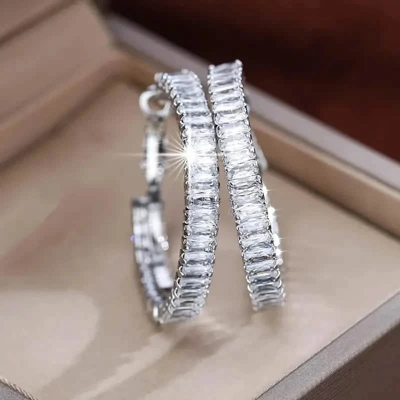 Full Rectangular Shiny Synthetic Zirconia Decorative Hoop Earrings DailySale
