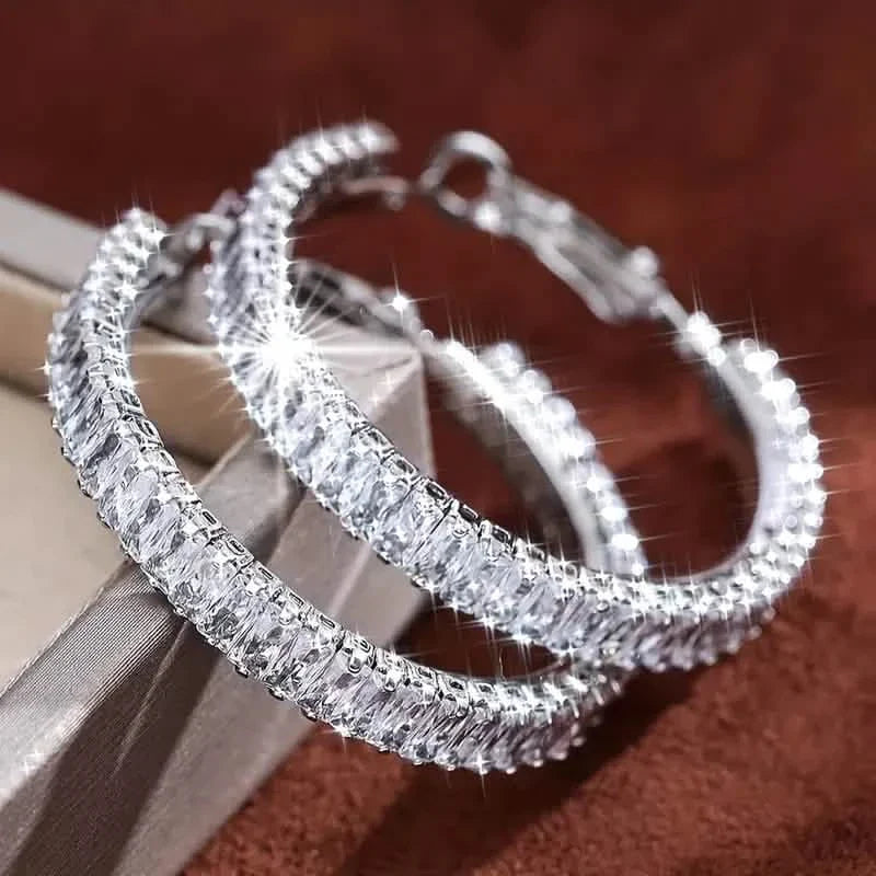 Full Rectangular Shiny Synthetic Zirconia Decorative Hoop Earrings DailySale