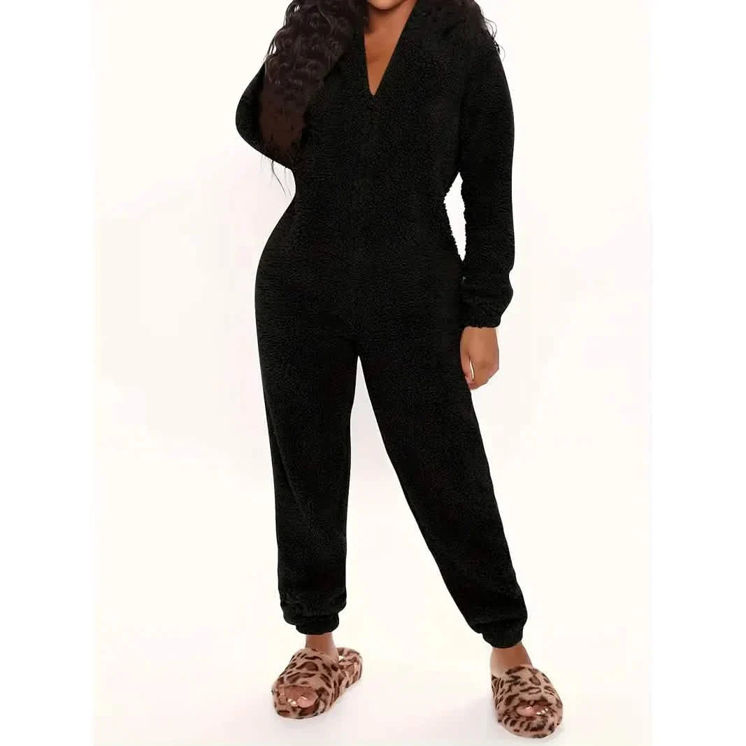 Fuzzy Hooded Pajama Jumpsuit For Music Festival, Long Sleeve Zipper Lingerie & Sleepwear DailySale