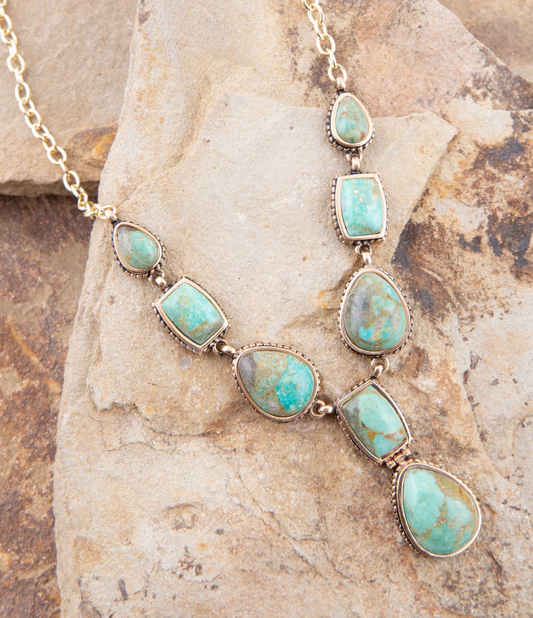 Genuine Blue Turquoise Roped Golden Bronze Y Necklace Barse Jewelry