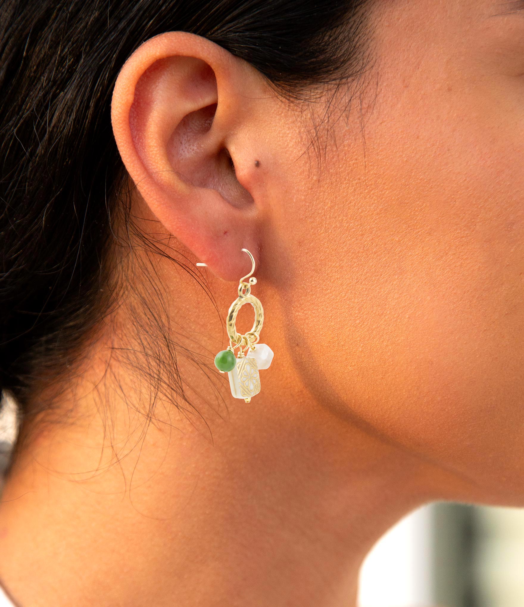 Green Jade and Pink Sunstone Golden Drop Earrings Barse Jewelry