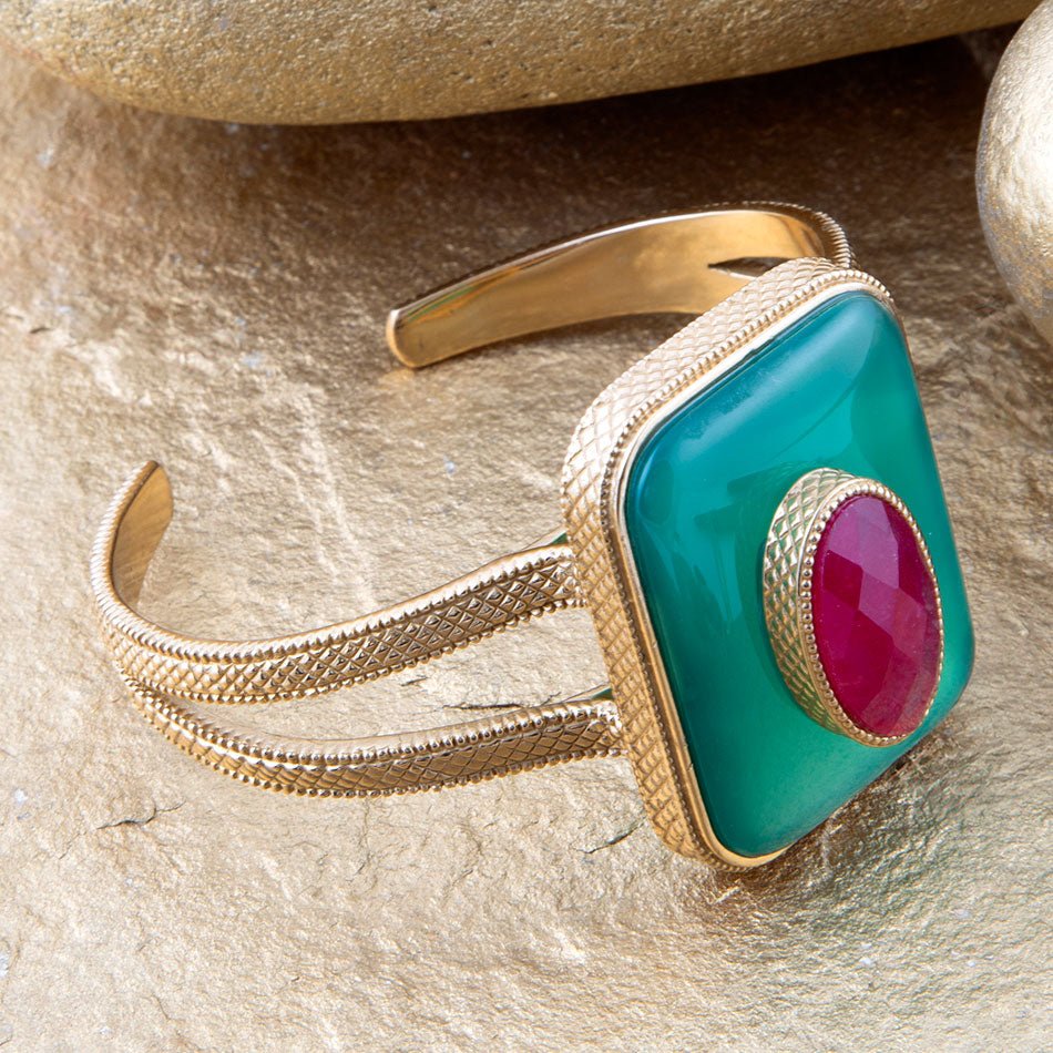 Green Onyx Stacked Red Quartz Golden Cuff Bracelet Barse Jewelry