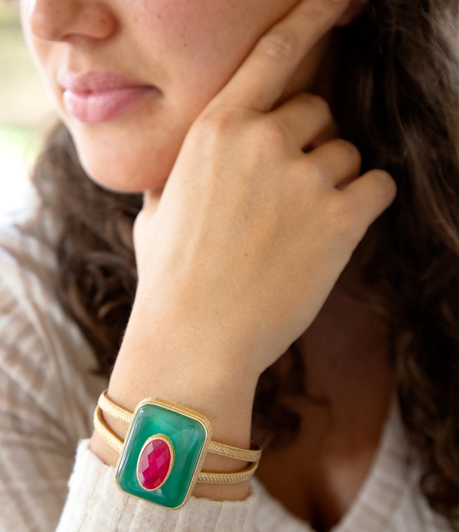 Green Onyx Stacked Red Quartz Golden Cuff Bracelet Barse Jewelry