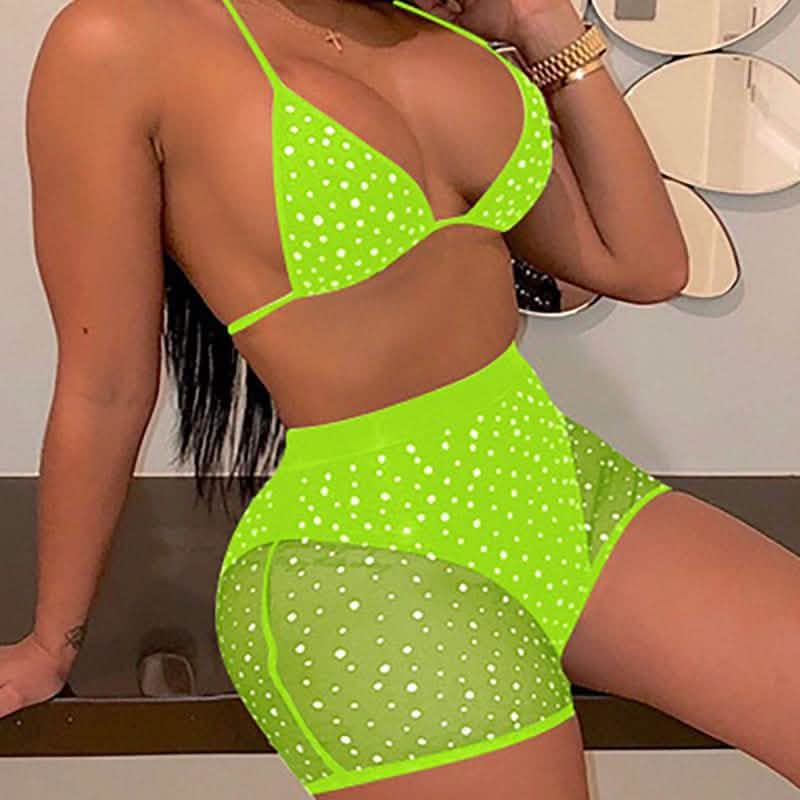 Halter See Through Sequins Mesh Bra & Shorts DailySale