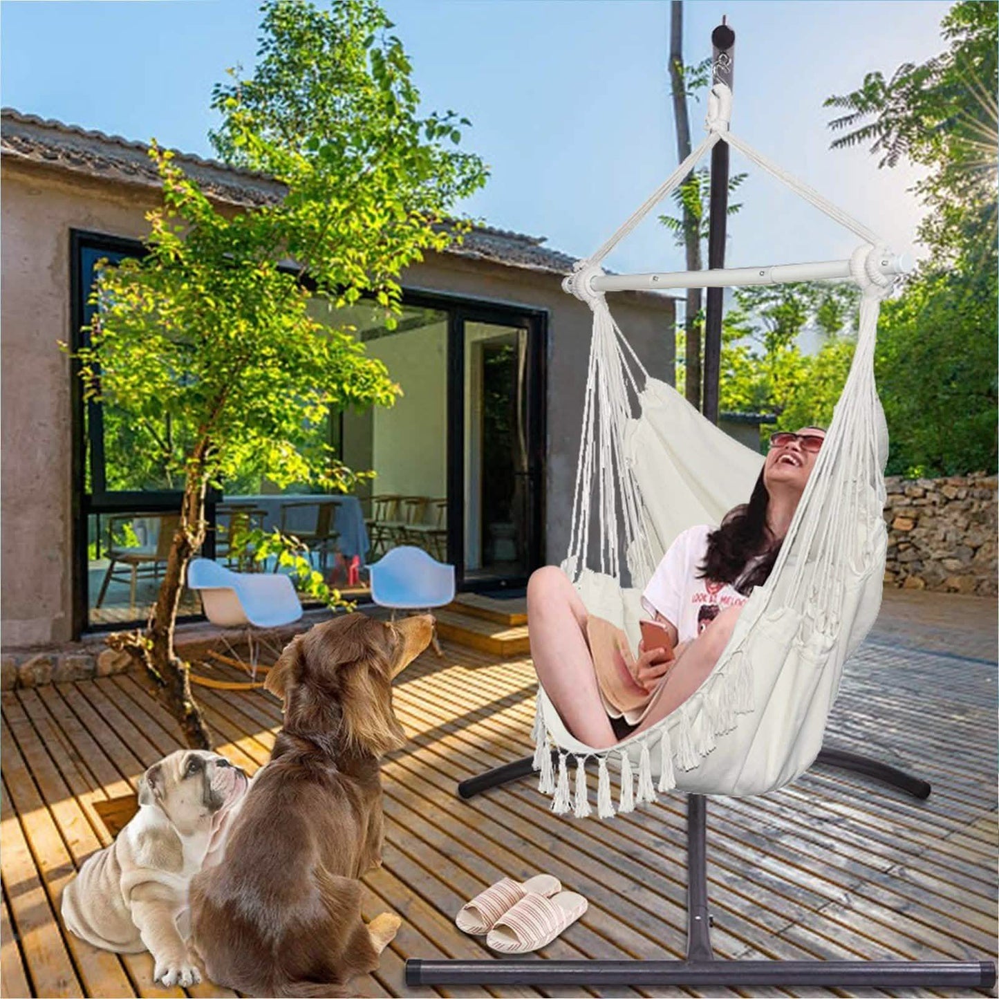 Hammock Chair Swing Seat with Detachable Metal Support Bar and 2 Seat Cushions DailySale