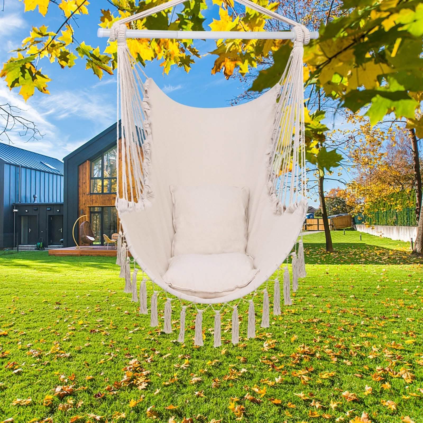 Hammock Chair Swing Seat with Detachable Metal Support Bar and 2 Seat Cushions DailySale