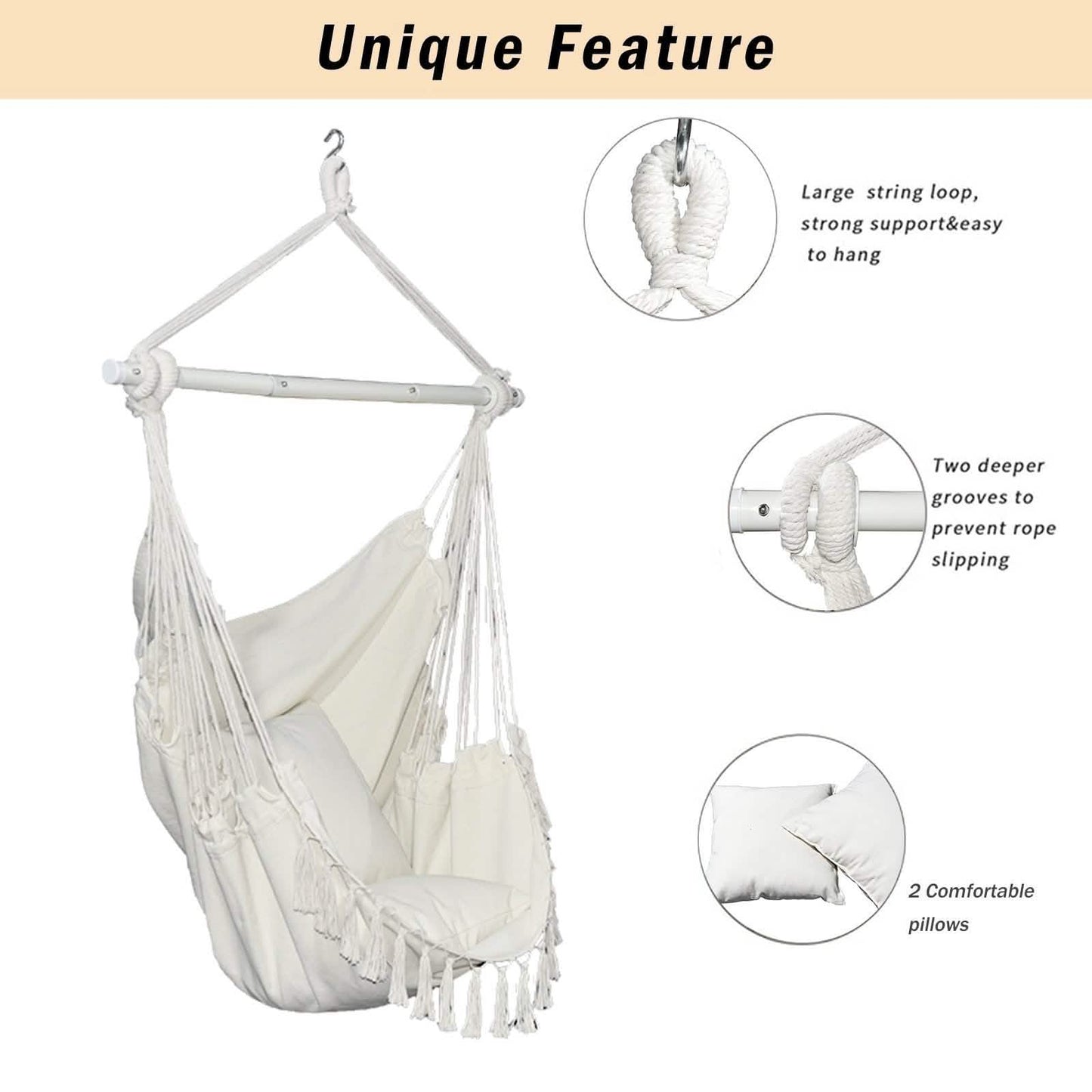 Hammock Chair Swing Seat with Detachable Metal Support Bar and 2 Seat Cushions DailySale