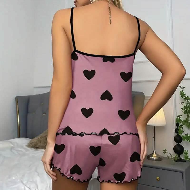 Heart Print Neck Cami Top and Lettuce Trim Shorts Set DailySale