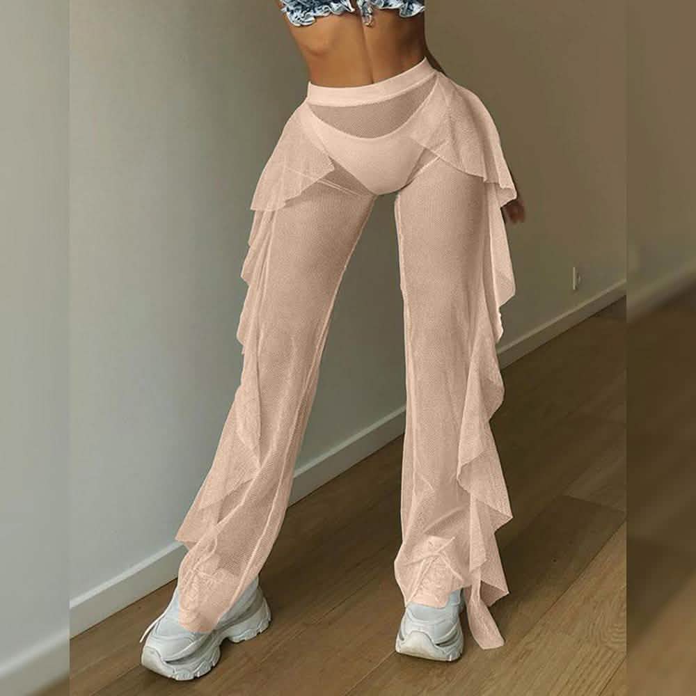 High Waist Sheer Mesh Ruffles Cover Up Pants DailySale
