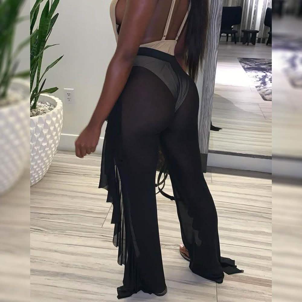 High Waist Sheer Mesh Ruffles Cover Up Pants DailySale
