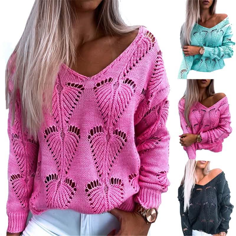 Hollow Out Design See Through V-Neck Long Sleeve Sweater DailySale