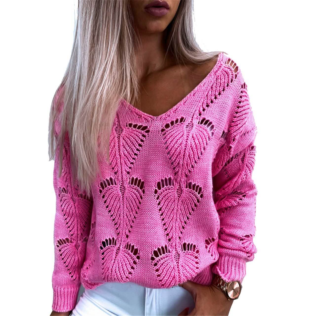 Hollow Out Design See Through V-Neck Long Sleeve Sweater DailySale