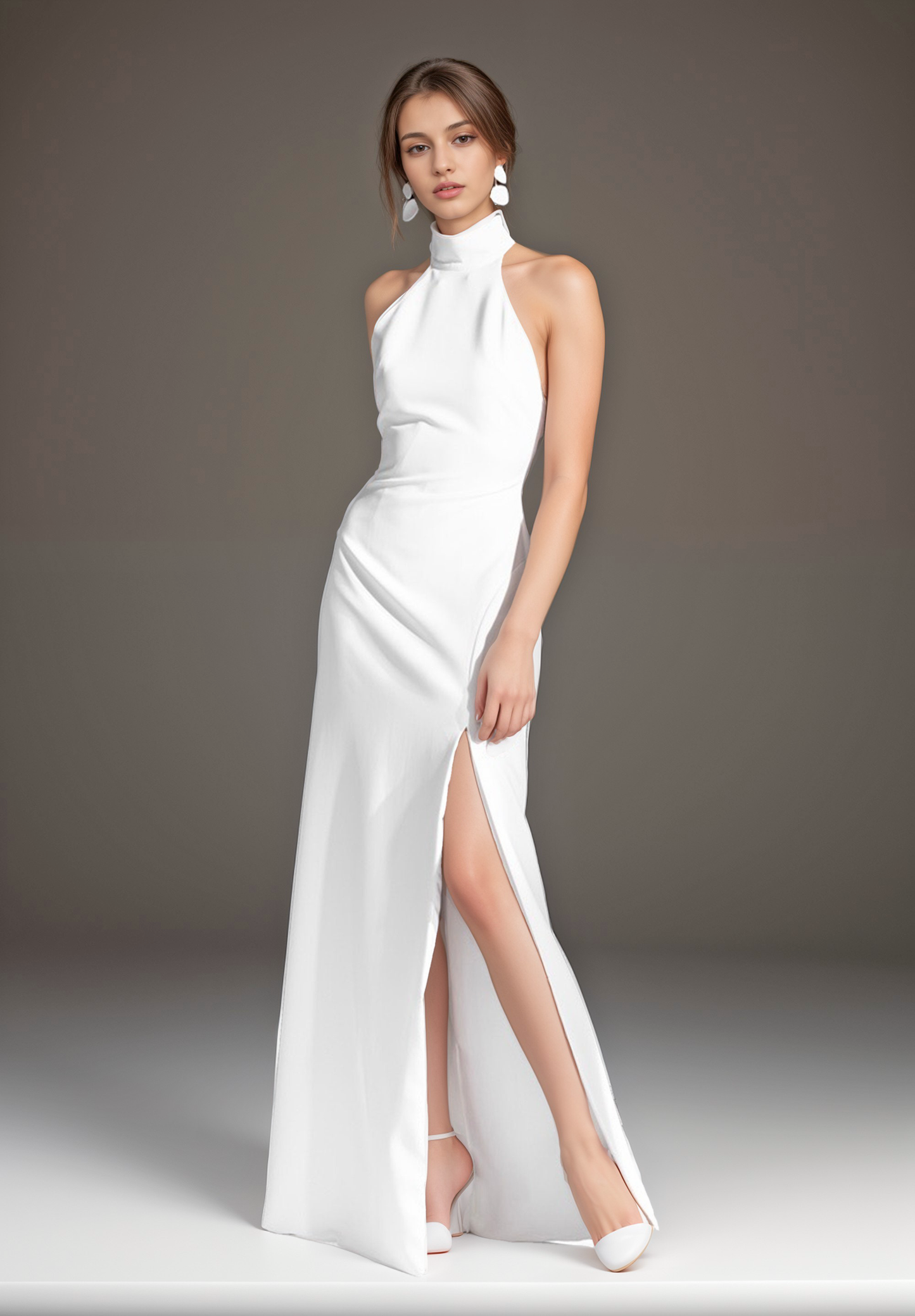 Elegant Haltered Hallowed Back Satin wedding dress thigh Split mini wedding dress SelenaHuanStudio