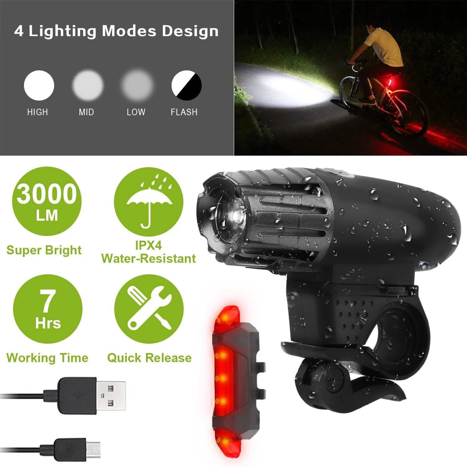 iMounTEK Bike Front Flashlight IPX4 Water-Resistant with Tail Warning/Safety LED Lamp DailySale