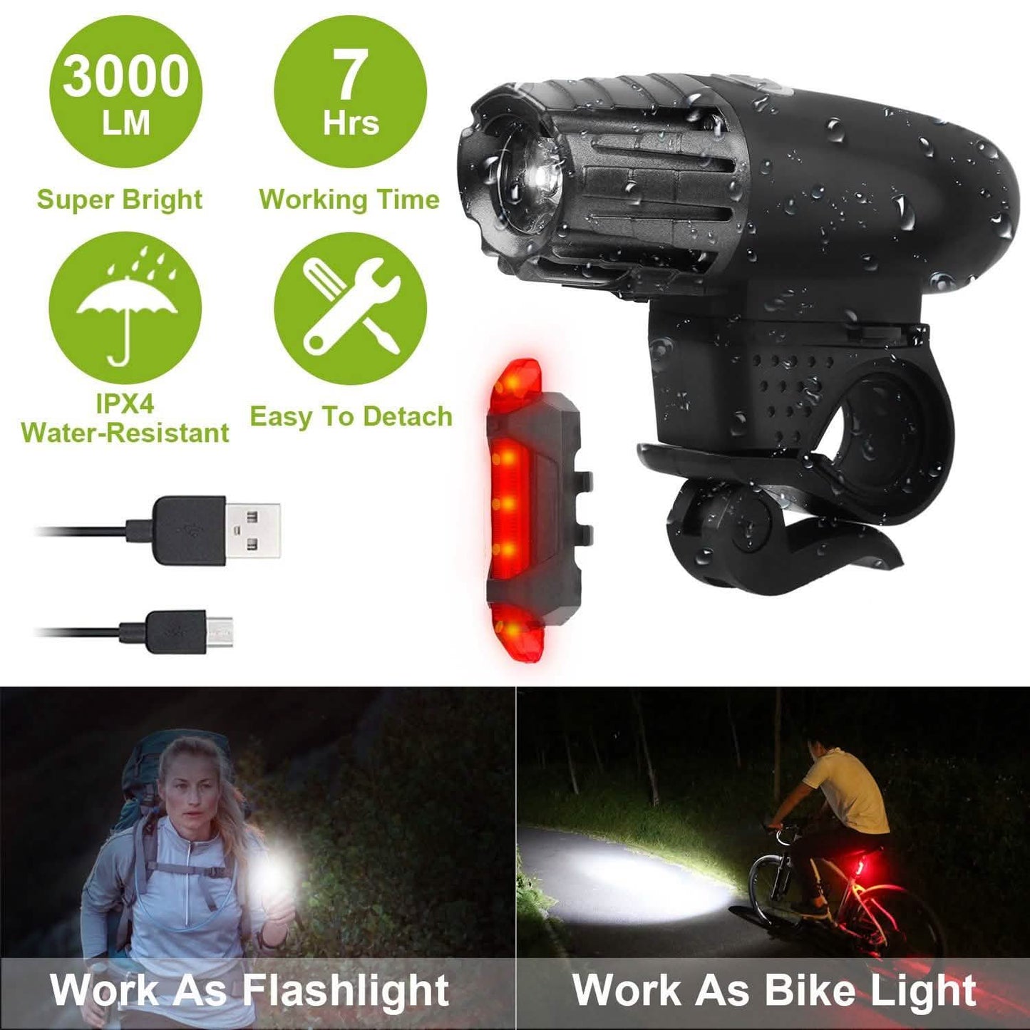 iMounTEK Bike Front Flashlight IPX4 Water-Resistant with Tail Warning/Safety LED Lamp DailySale