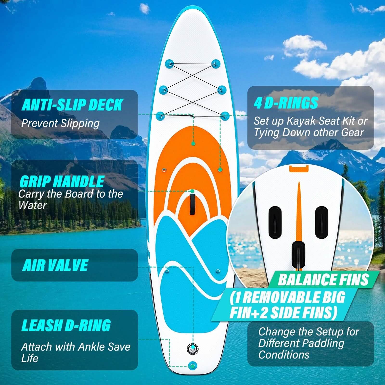 Inflatable Paddle Board Stand up Adults with Adjustable Paddle and Removable Fin Orange DailySale