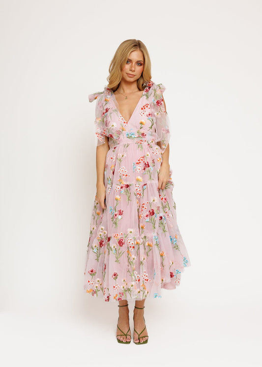 Margaret Floral Embroidered Midi Dress Pink JessaKae