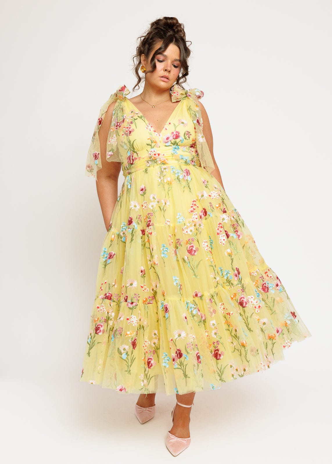 Margaret Floral Embroidered Midi Dress Yellow JessaKae